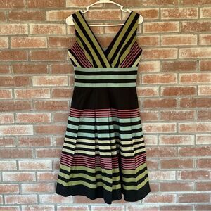 Kay Unger Pleated Striped Knee Length Dress Cotton Women’s 6 Multicolor